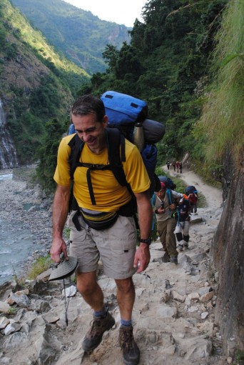 Joel Harris above the Buri Gandaki river, Manaslu circuit, 2014